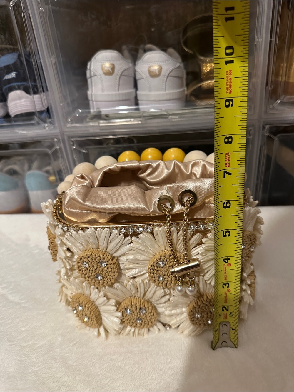Mini Floral Beaded Drawstring Bag in Cream and Yellow - Picture 7 of 14
